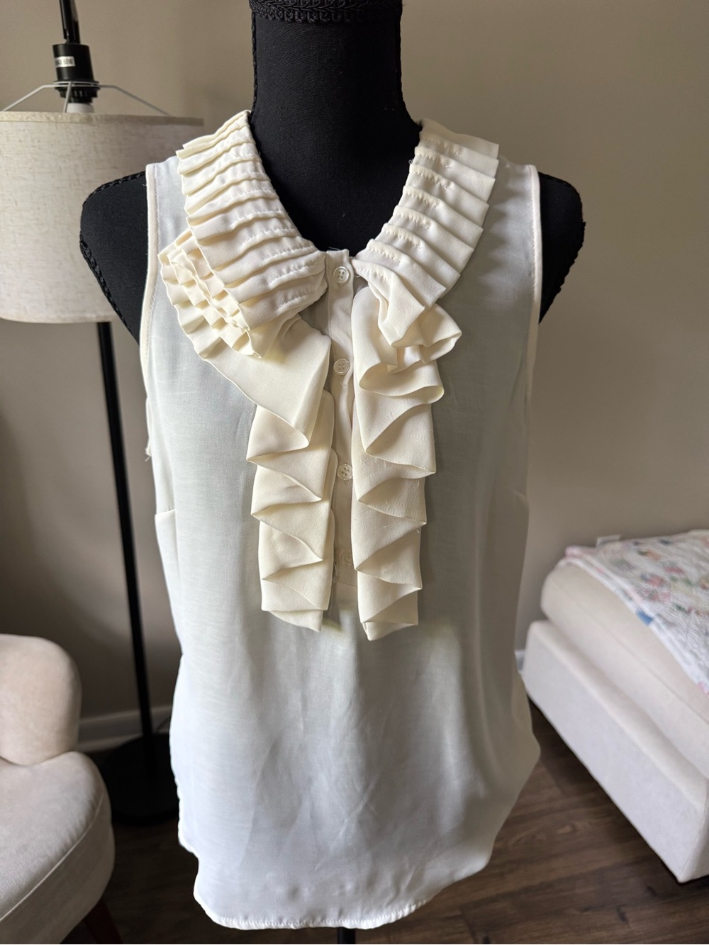 New York & Company Cream Ruffled Sleeveless Blouse